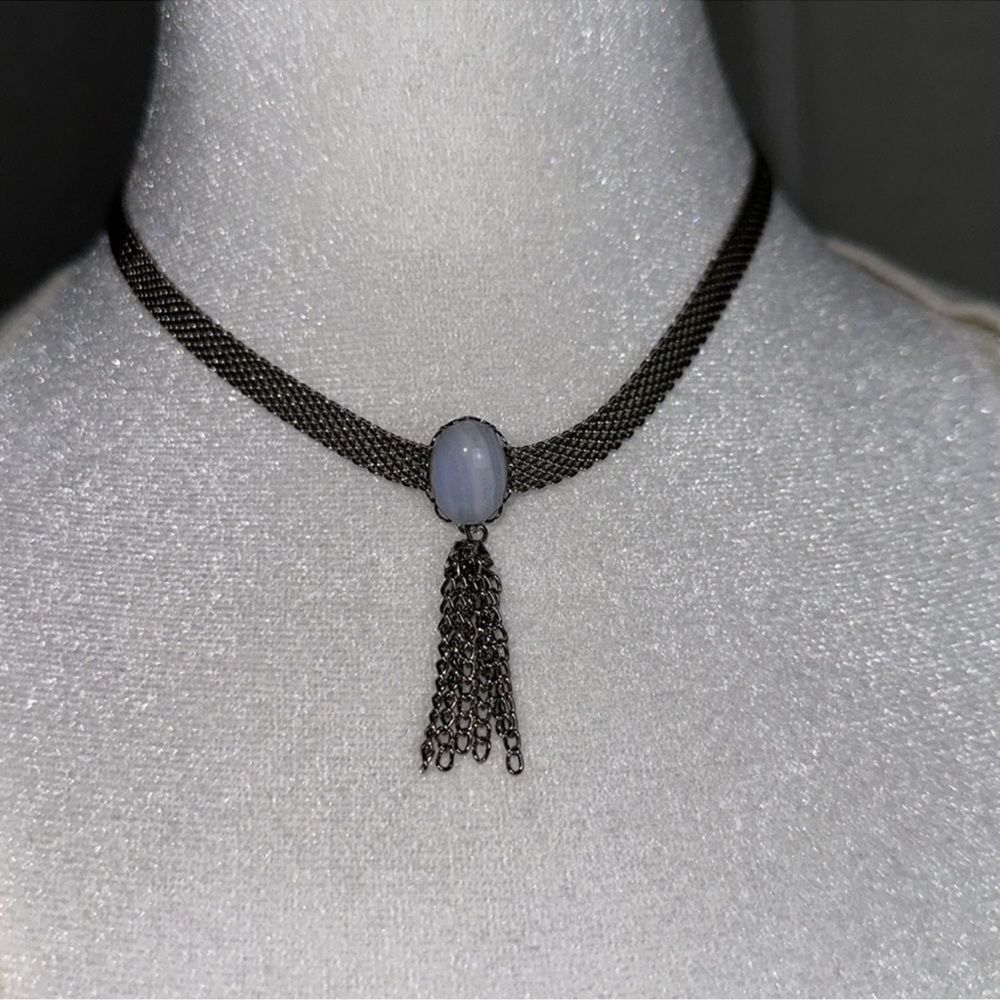 Thick Silver Tone Mesh Strand Choker Necklace Sky Blue Pearl Tassel Strands